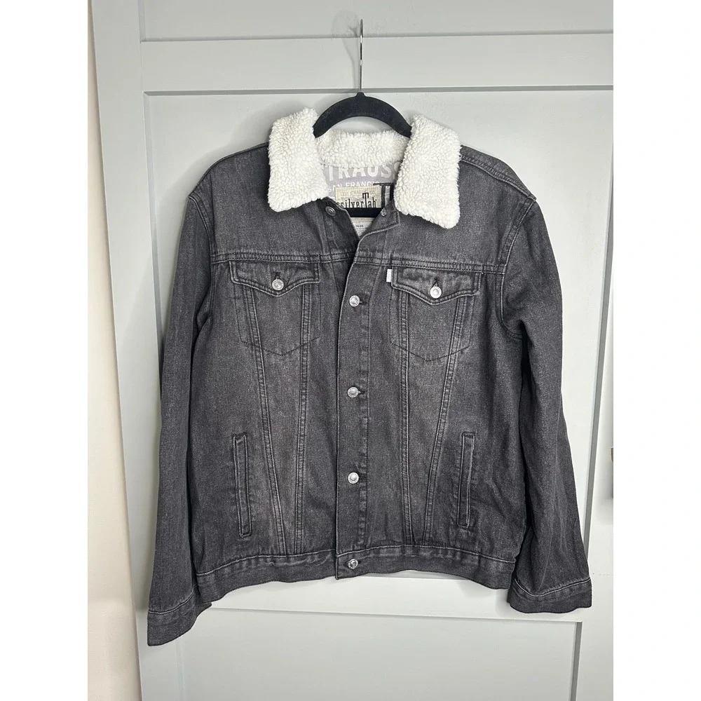 Levi's Silver Tab Men's‎ Black Denim Trucker Jacket with White Faux Shearling